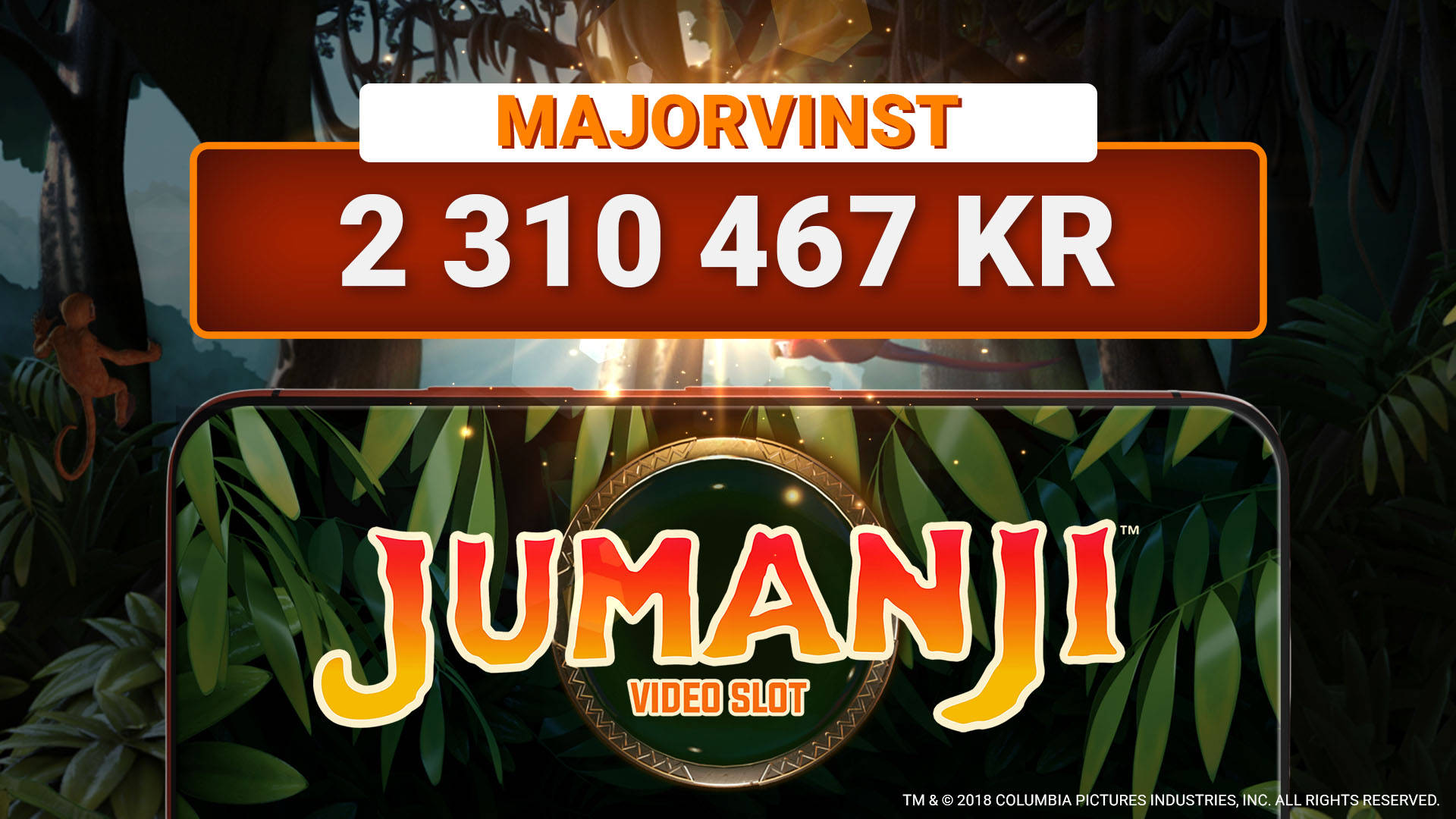 En leojackpot vinst på 2 310 467 kr i spelet Jumanji.