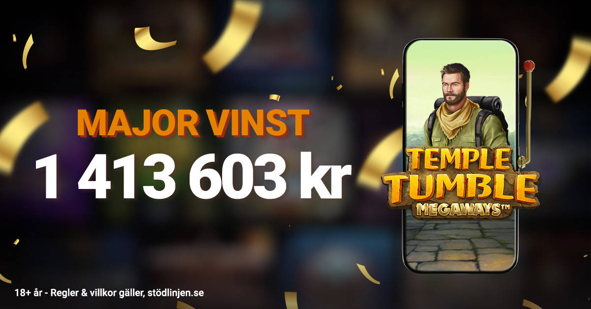 En leojackpot majorvinst på 1 413 603 kr i spelet Temple Tumble.