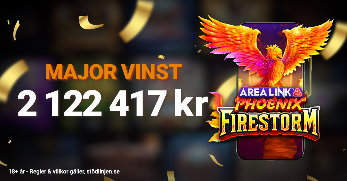 Leojackpot vinst på 2 122 417 kr i spelautomaten Area Link Phoenix Firestorm.