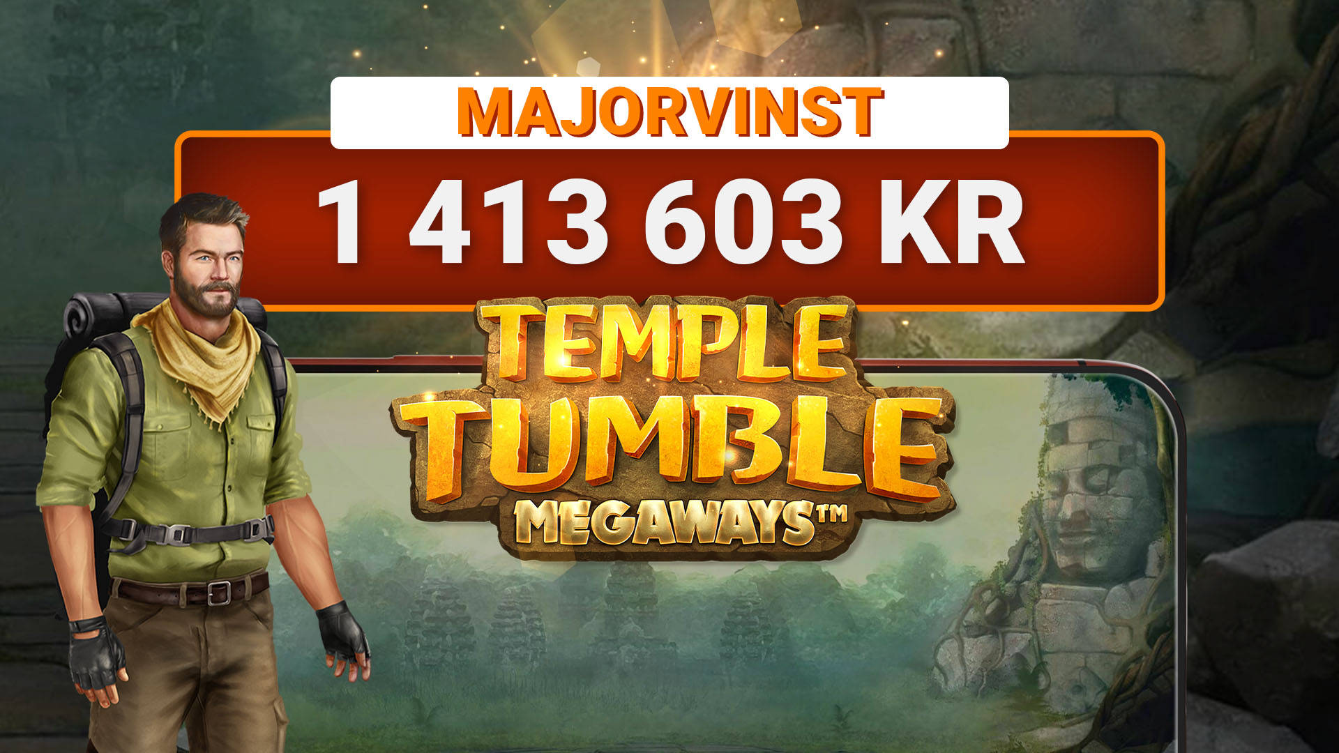 Leojackpot majorvinst på 1 413 603 kr i spelet Temple Tumble.