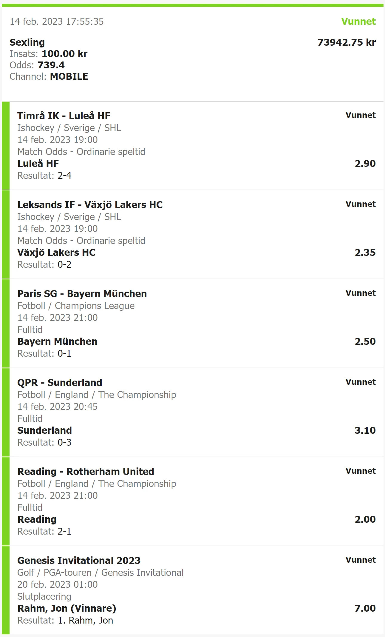 Vinnande bettkupong från LeoVegas med 6 bets som gav storvinst