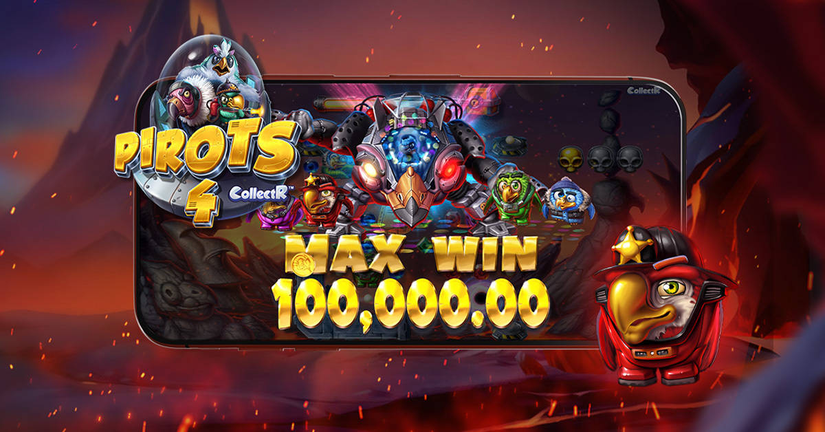 Pirots 4 med fåglar i robotdräkter och texten "MAX WIN 100,000.00".