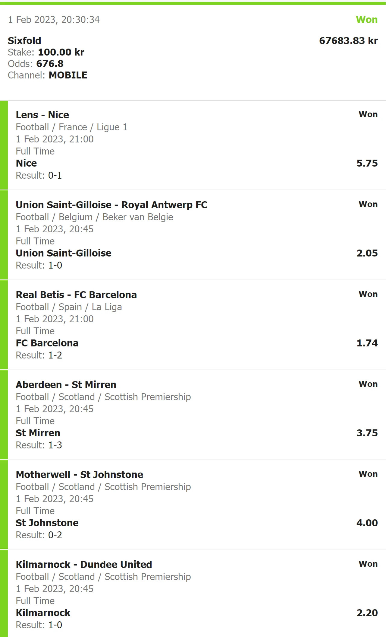 En oddslapp med 6 matcher på fotboll som resulterade i en storvinst