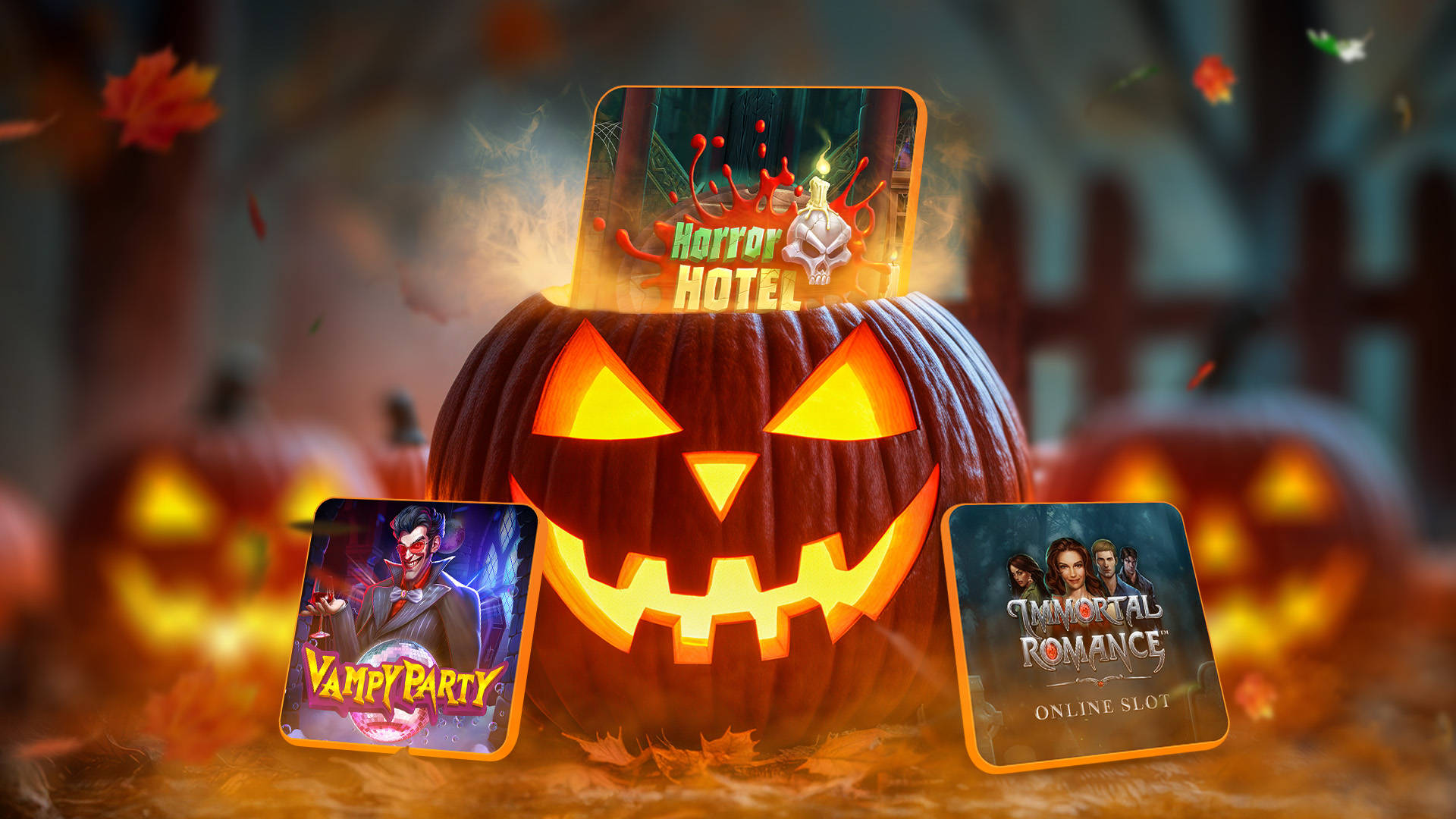 A collage of Halloween-themed slot symbols and icons, including pumpkins, ghosts, and spooky imagery on a dark festive background.