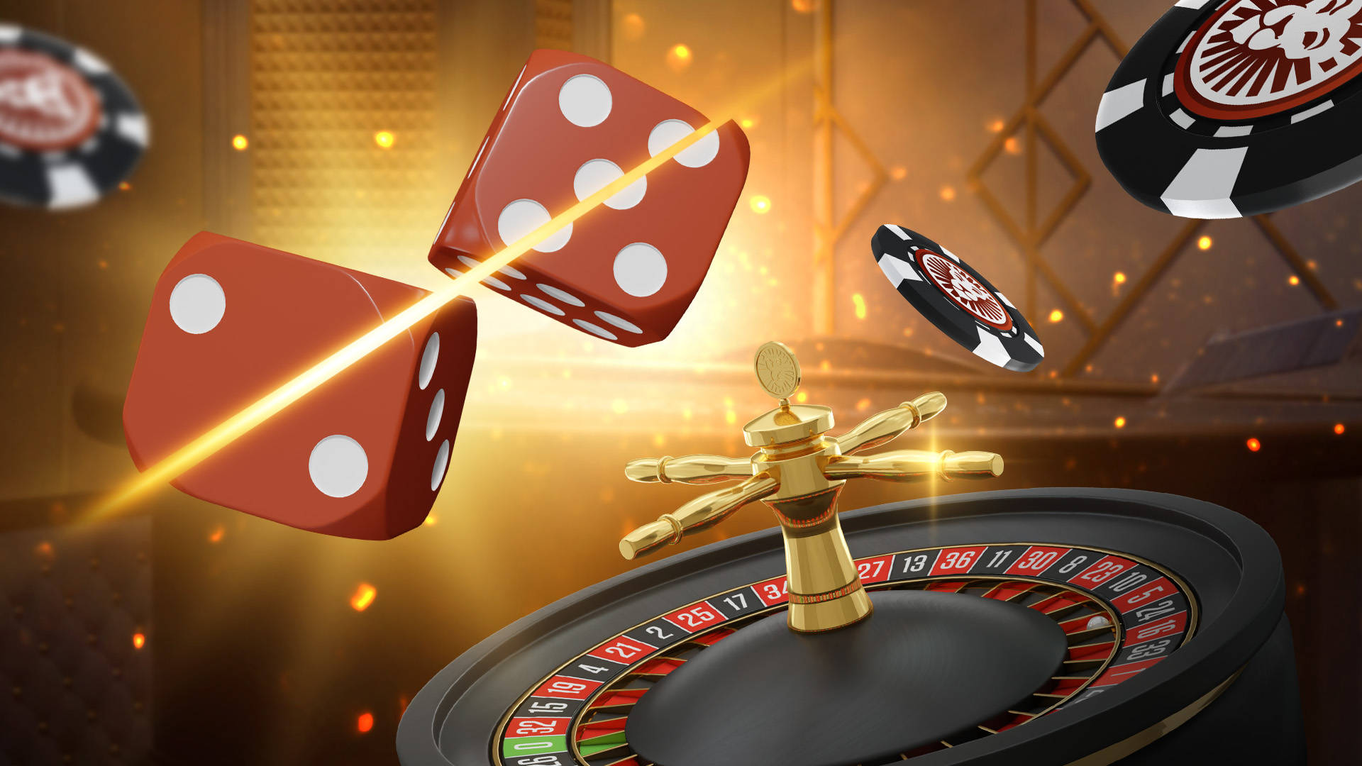 A vibrant casino scene featuring slot machines and gaming tables under warm, colourful lights in a lively atmosphere.