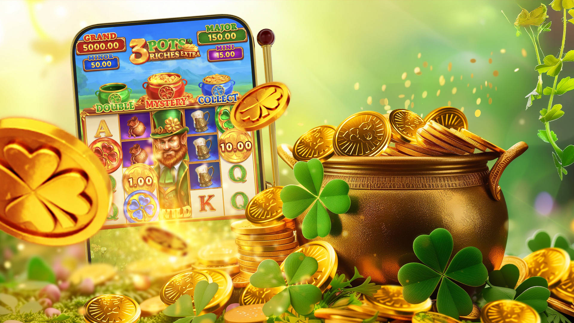 A bright Irish-themed slot image featuring a leprechaun game screen, a large pot overflowing with gold coins, and scattered four-leaf clovers on a glowing green background.