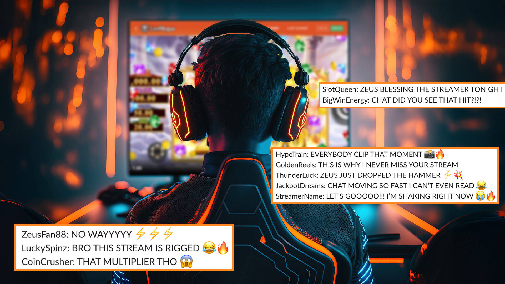 A group of casino streamers broadcasting live with gaming overlays and chat, showcasing their setups and LeoVegas branding elements in the background