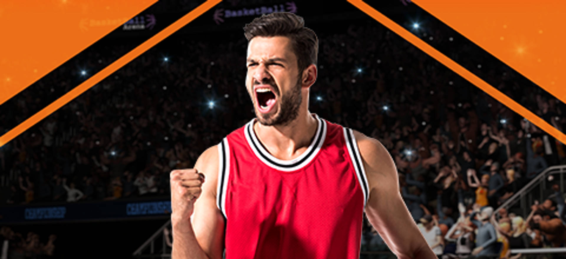 Excited basketball player in a red jersey celebrating a win in a stadium.