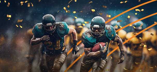 two football players rushing with one carrying the ball