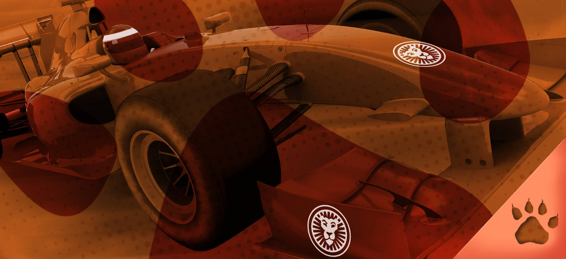Un coche de carreras rojo y naranja con un logotipo de león sobre un fondo punteado.