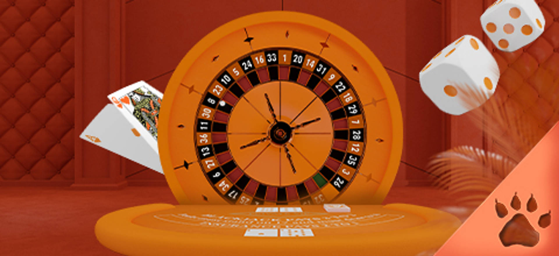 Casino-themed image with a roulette wheel, playing cards, and dice.