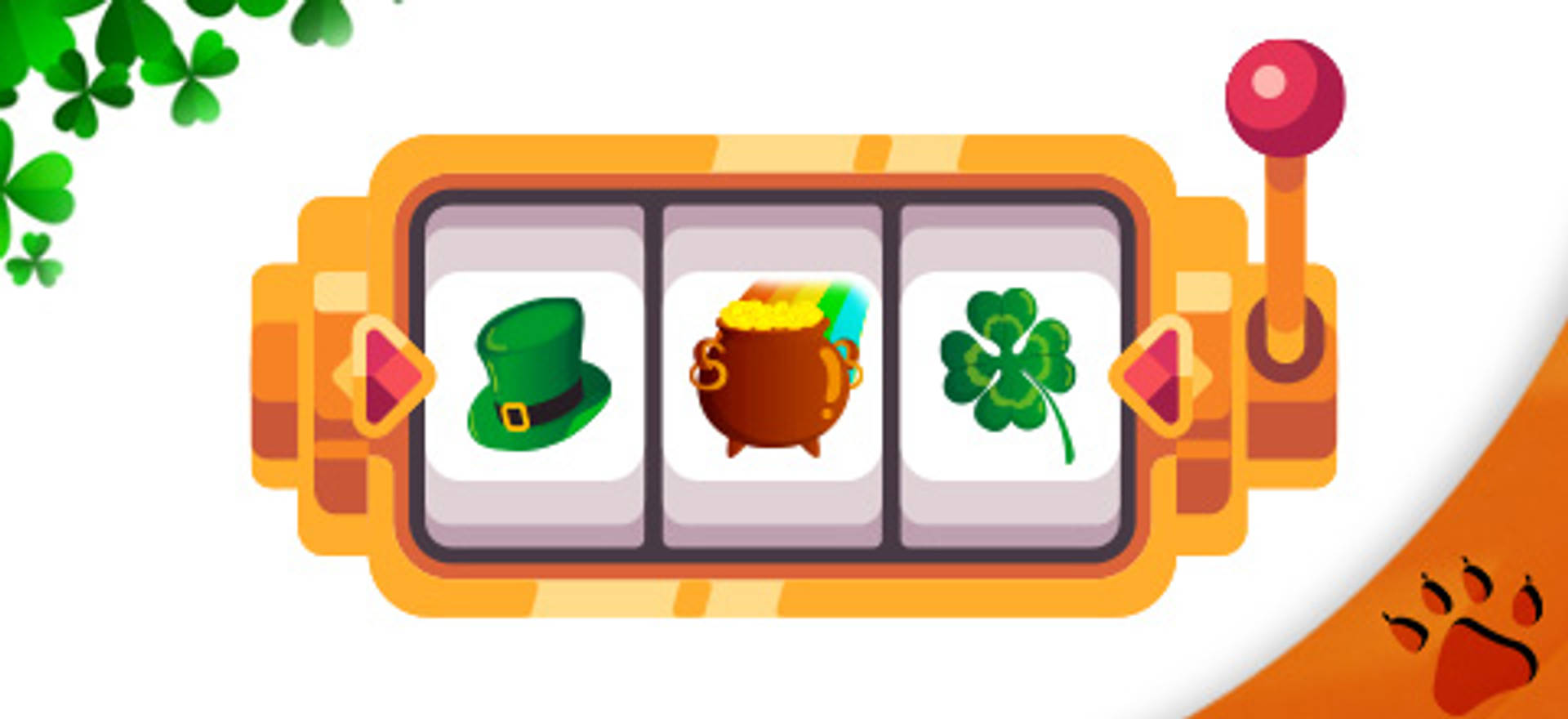 Cartoon slot machine with a leprechaun hat, pot of gold, and clover.