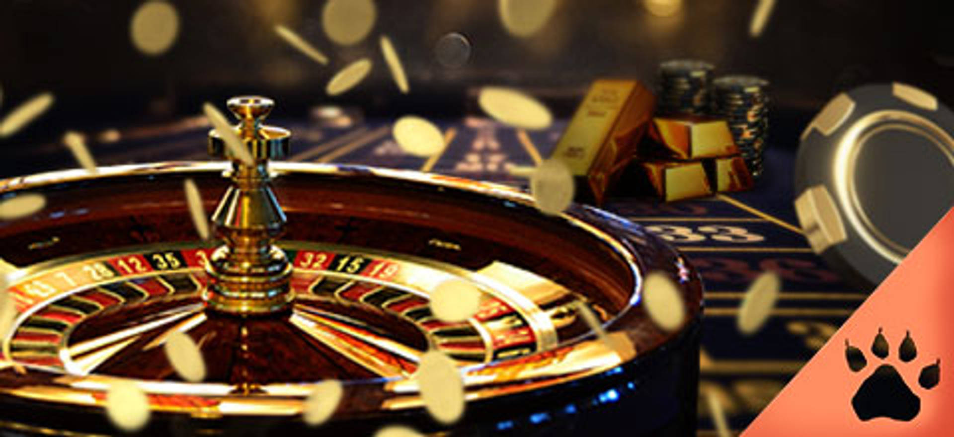Roulette wheel, gold bars, casino chips, and falling coins on a casino table.