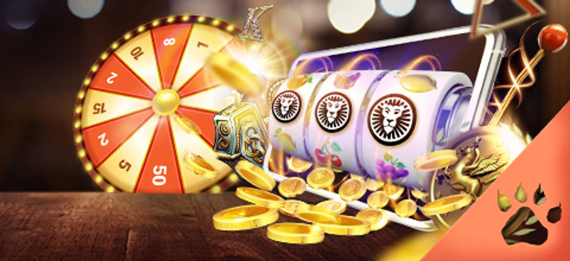Casino game with a spinning wheel, slot machine on a phone, and gold coins.