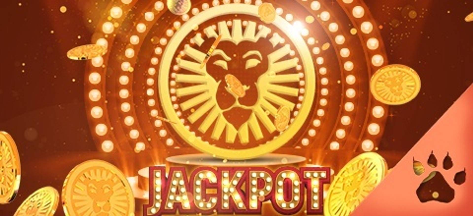 Jackpot wheel with a lion logo and falling coins.