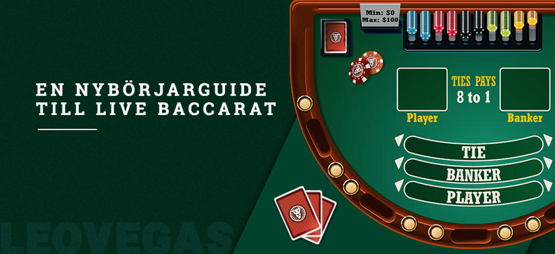 En nybörjarguide till live baccarat på ett LeoVegas kasinobord med kort och marker.