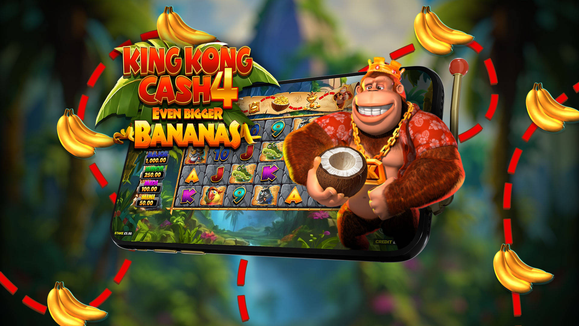 King Kong Cash 4 slot game featuring a cartoon ape holding a coconut, surrounded by bananas.