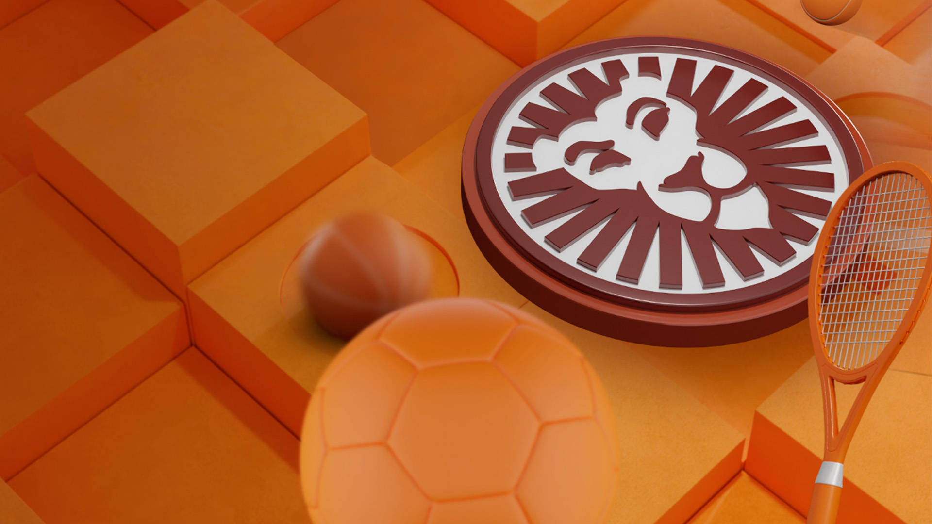 Sports equipment including a tennis racket, basketball, and soccer ball with a brand logo on an orange background.