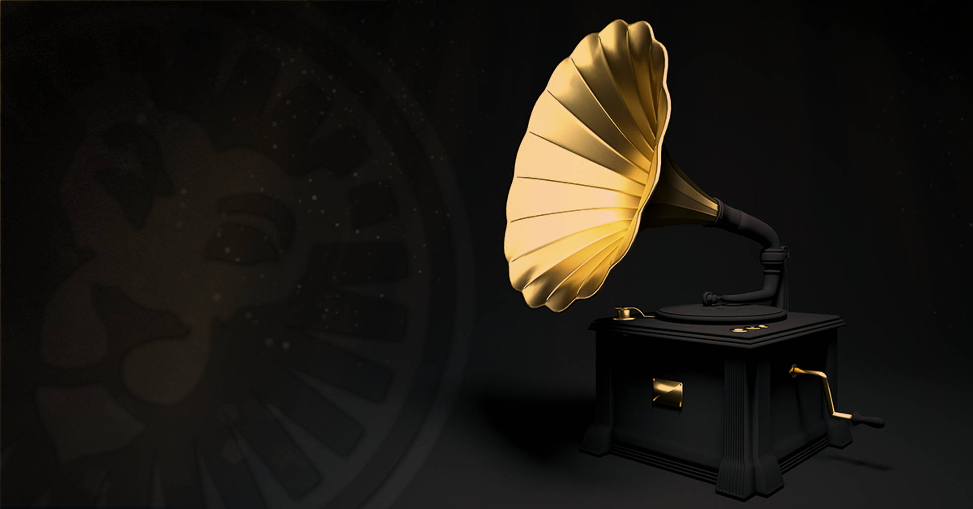 Antique phonograph with a golden horn on a black background.