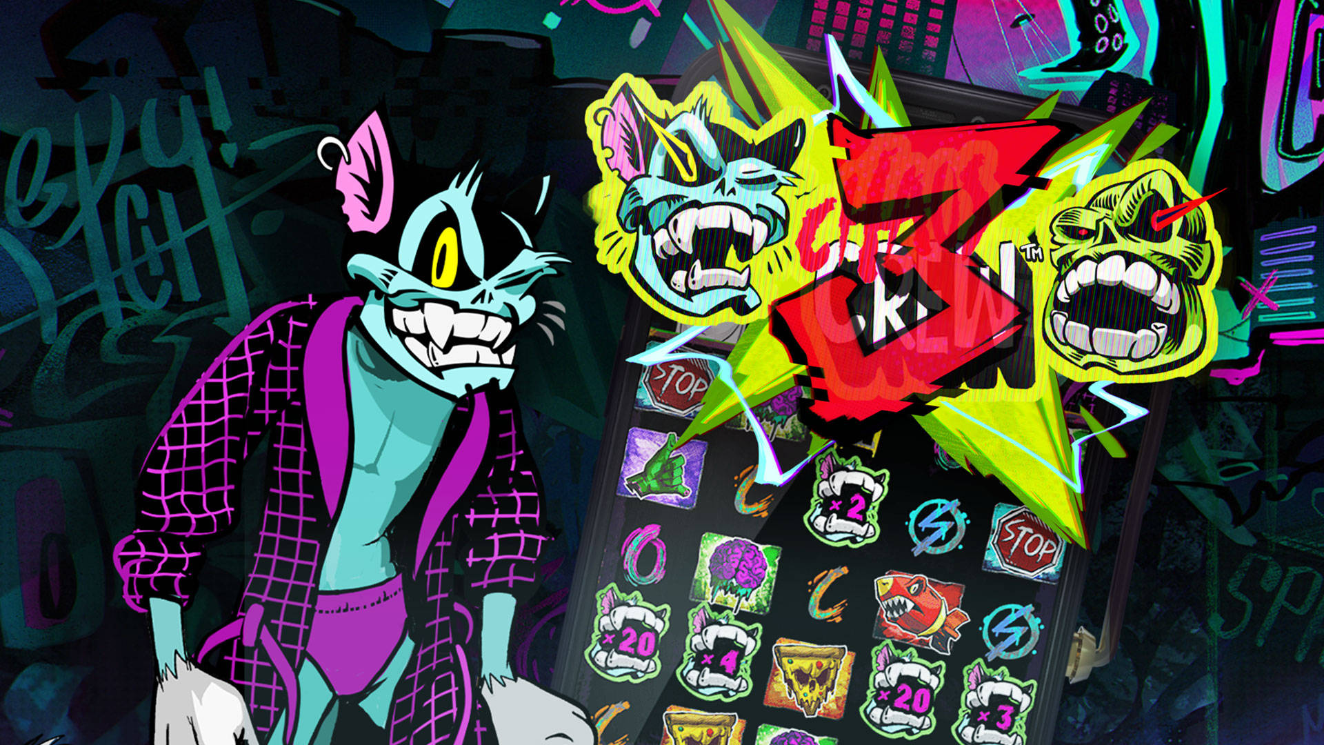 Cartoon cat character next to a mobile slot game with graffiti-style graphics.