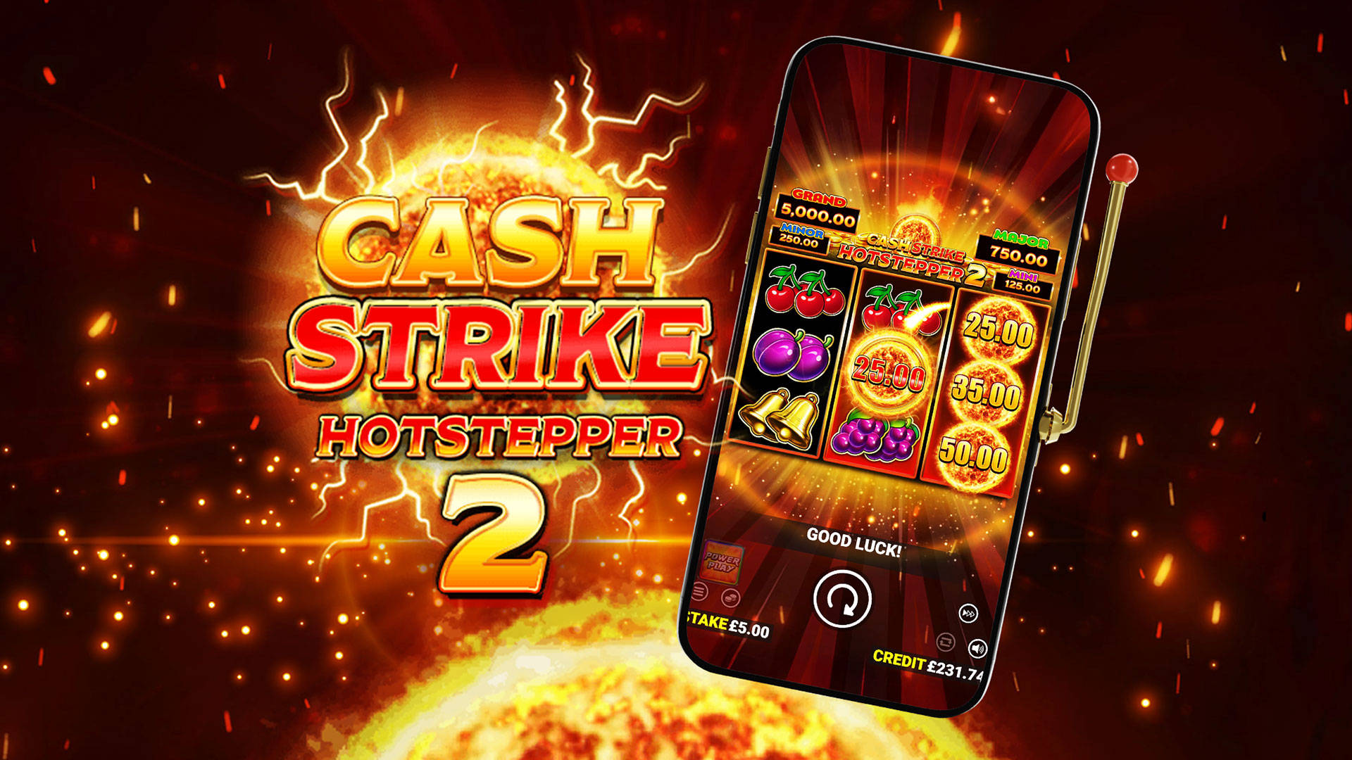 Cash Strike Hotstepper 2 slot game on a mobile device, featuring fruit symbols and jackpot prizes.