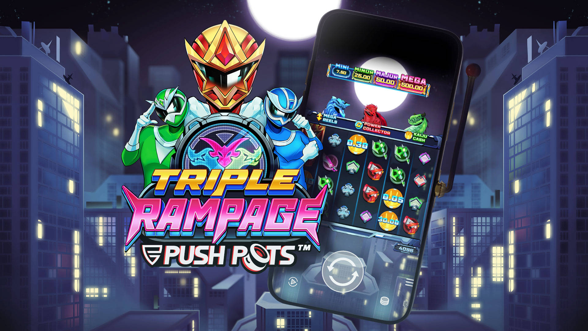 Triple Rampage Push Pots game featuring costumed characters and a slot machine interface.