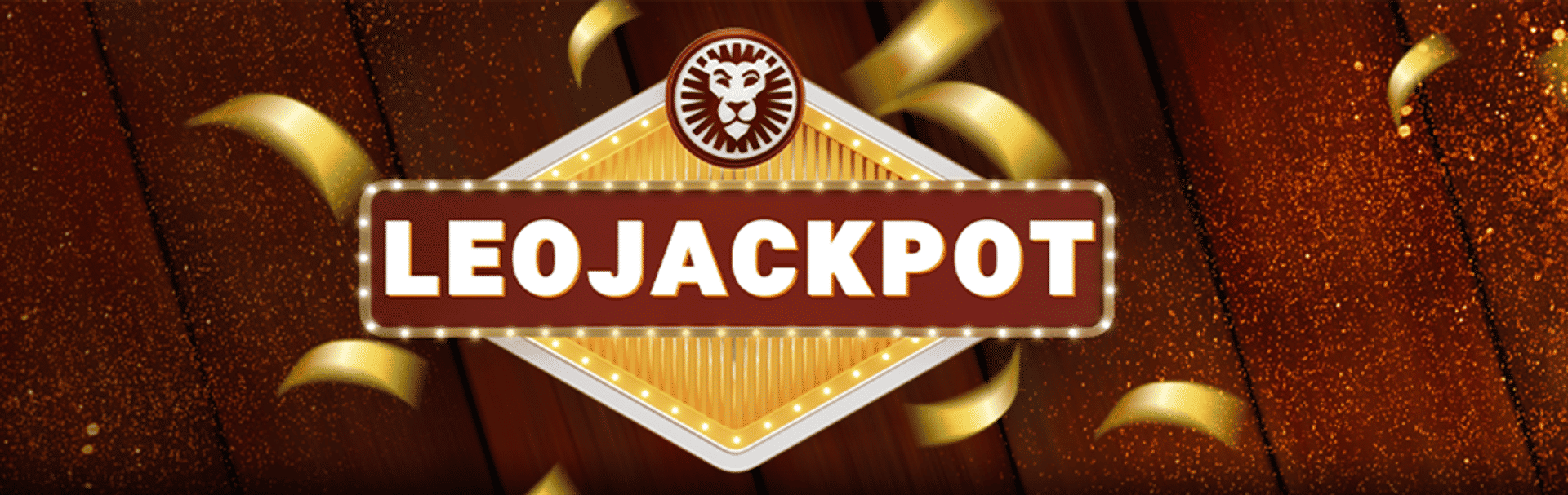 LeoJackpot logo on a wooden background with golden ribbons.