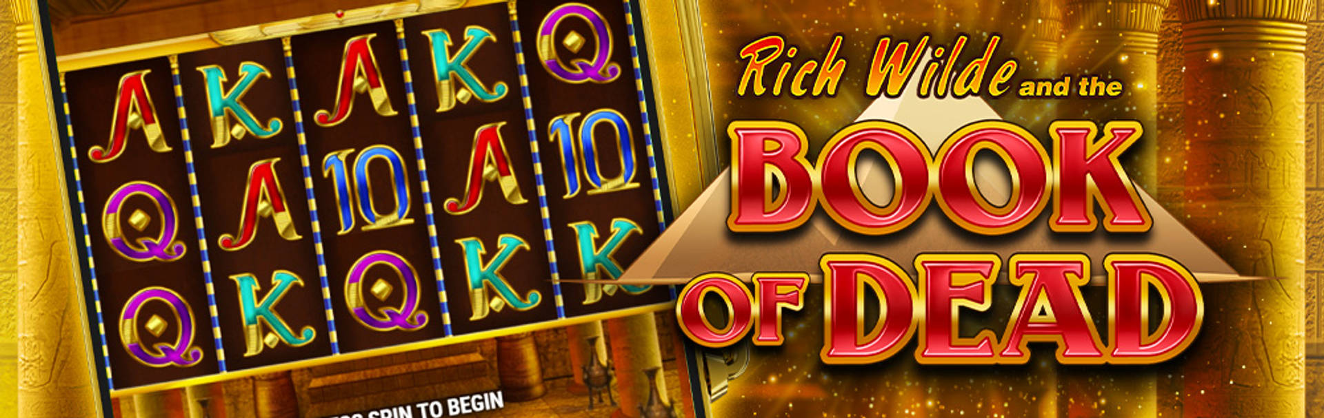 Rich Wilde and the Book of Dead slot game featuring reels with A, K, Q, and 10 symbols.