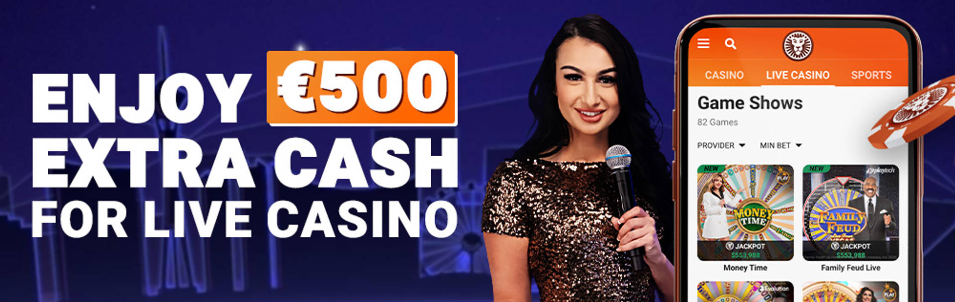 Enjoy extra cash for Live Casino, featuring a presenter and a mobile app with game shows.