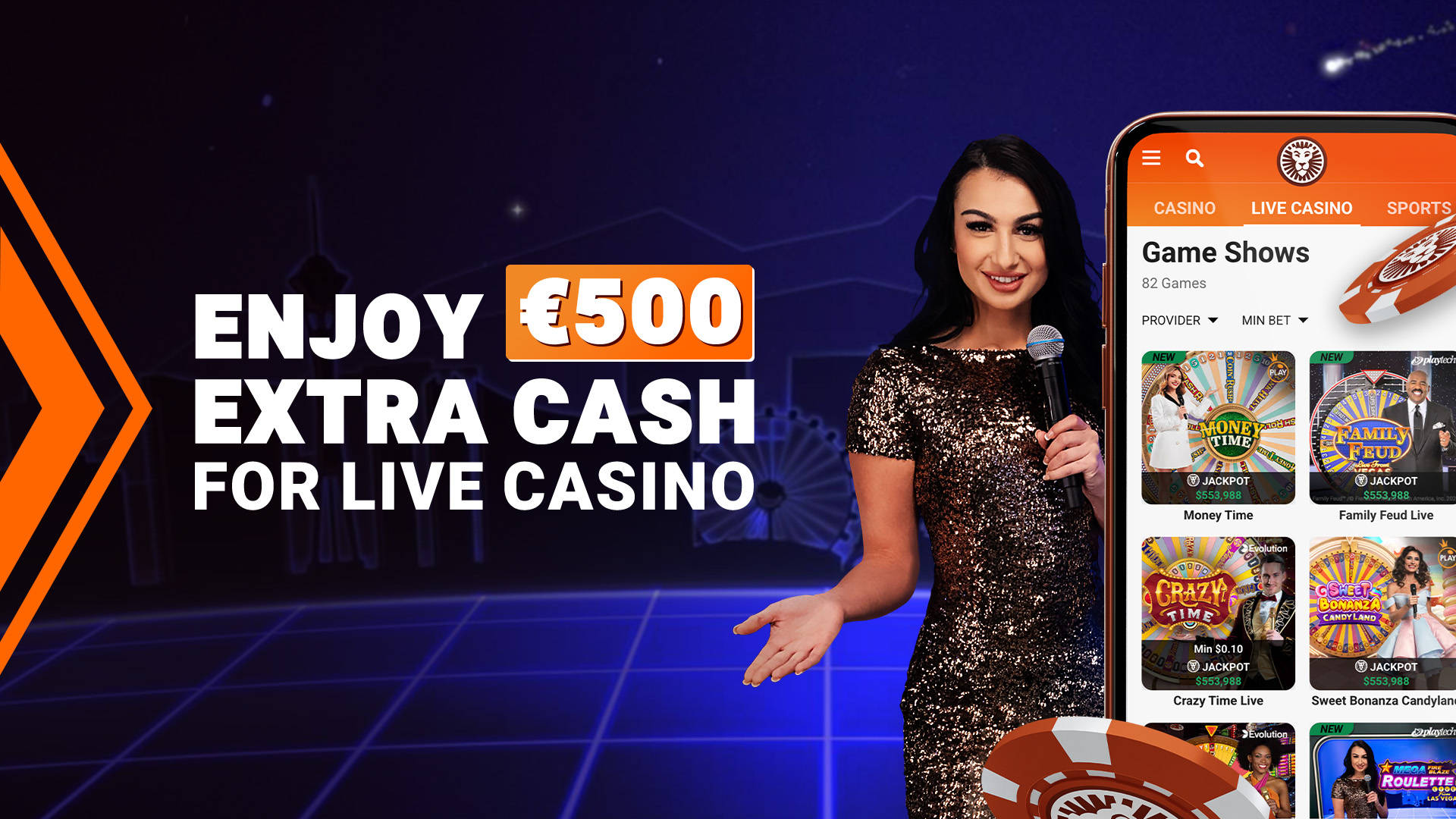 Enjoy extra cash for Live Casino, as shown on a mobile phone with game shows.
