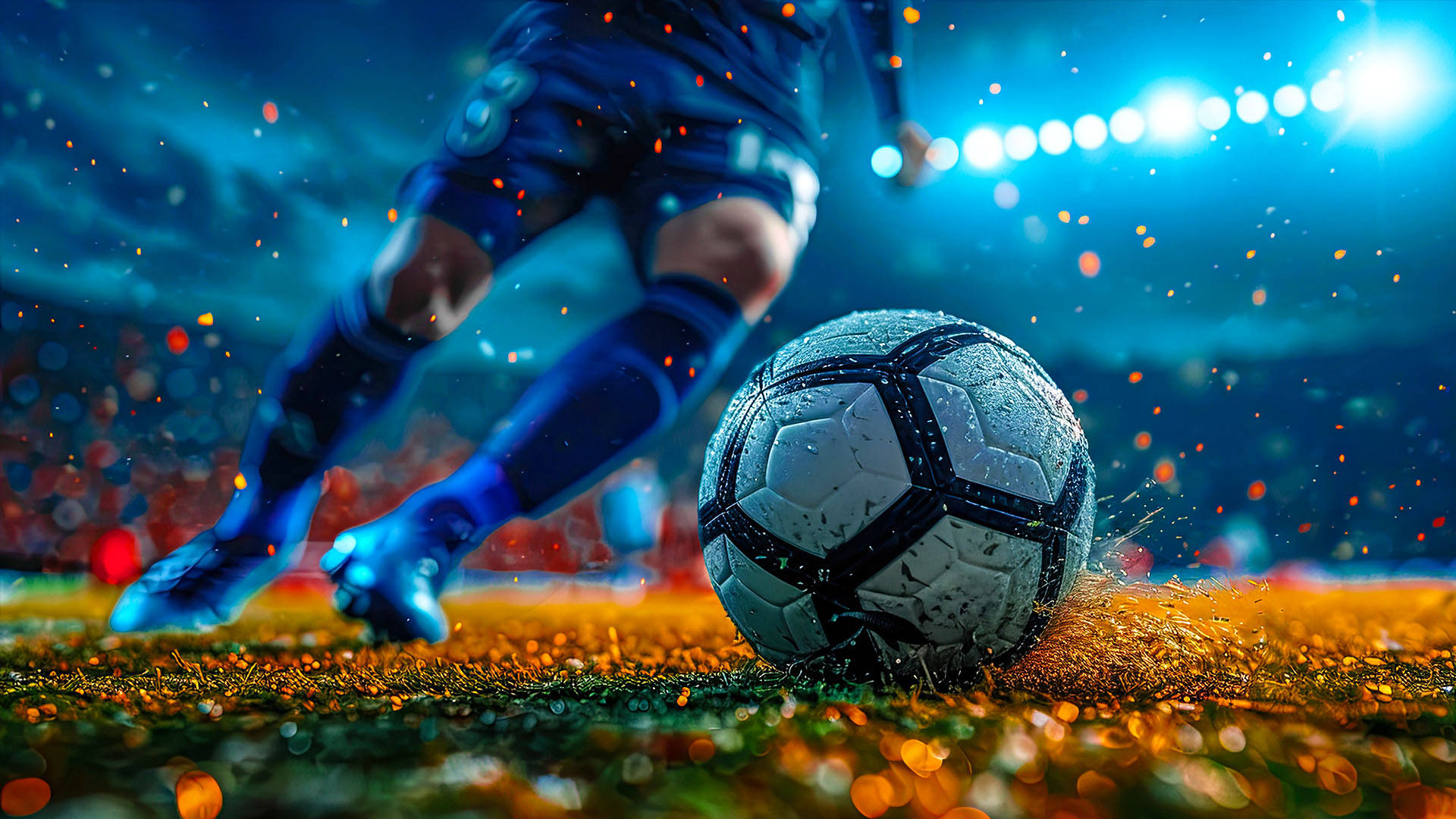Football player kicking a football on a pitch under stadium lights.