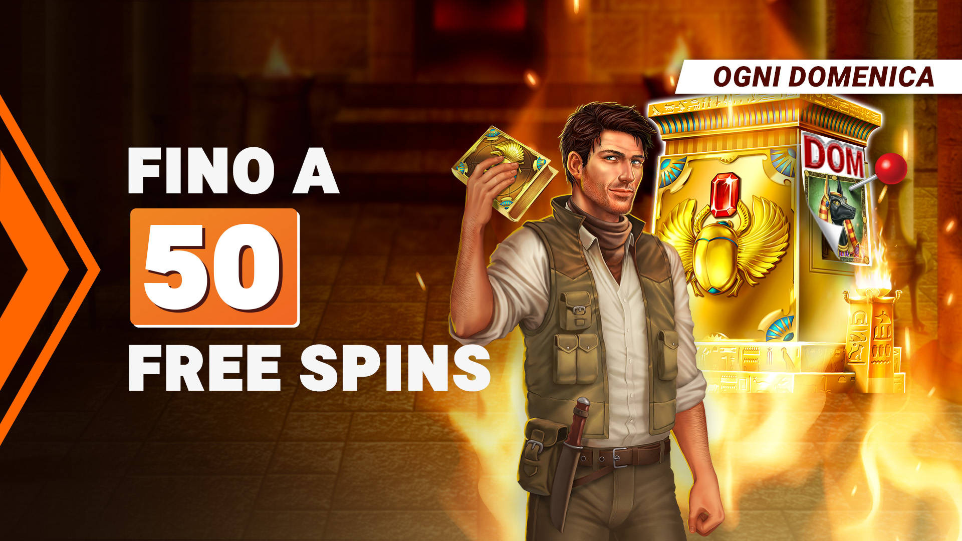 Domenica Spin. Fino a 50 Free Spins ogni domenica, con avventuriero e slot machine dorata.