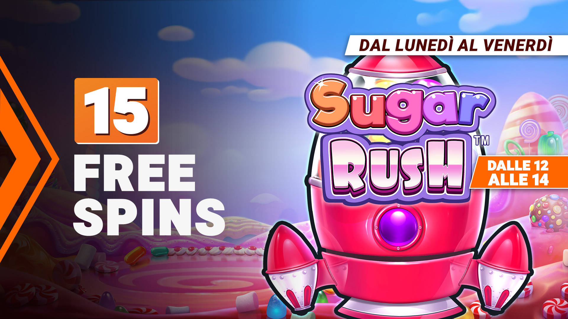 Lunch Time 15 Free Spins per Sugar Rush, dal lunedì al venerdì dalle 12 alle 14.
