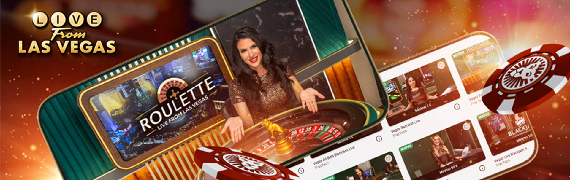 Live Casinò con roulette e carte da gioco, con testo Live da Las Vegas
