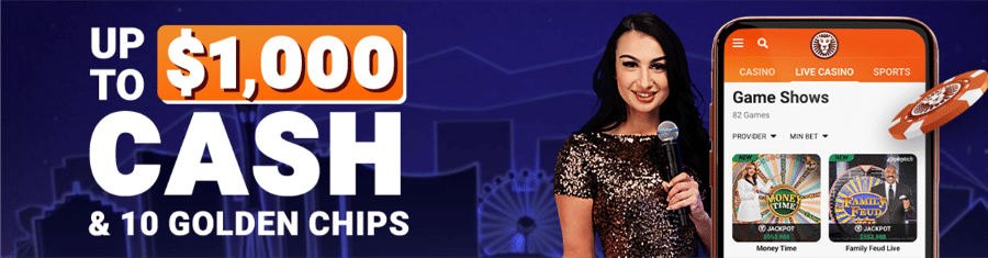 Man in lion headdress points to a phone displaying casino games like roulette and Buffalo Blitz Live.