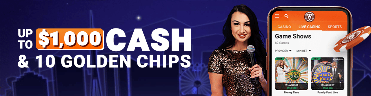 Man in lion headdress points to a phone displaying casino games like roulette and Buffalo Blitz Live.