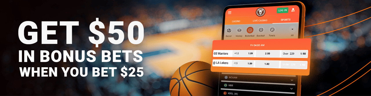 Man in lion costume with basketball, next to a phone displaying sports betting odds.