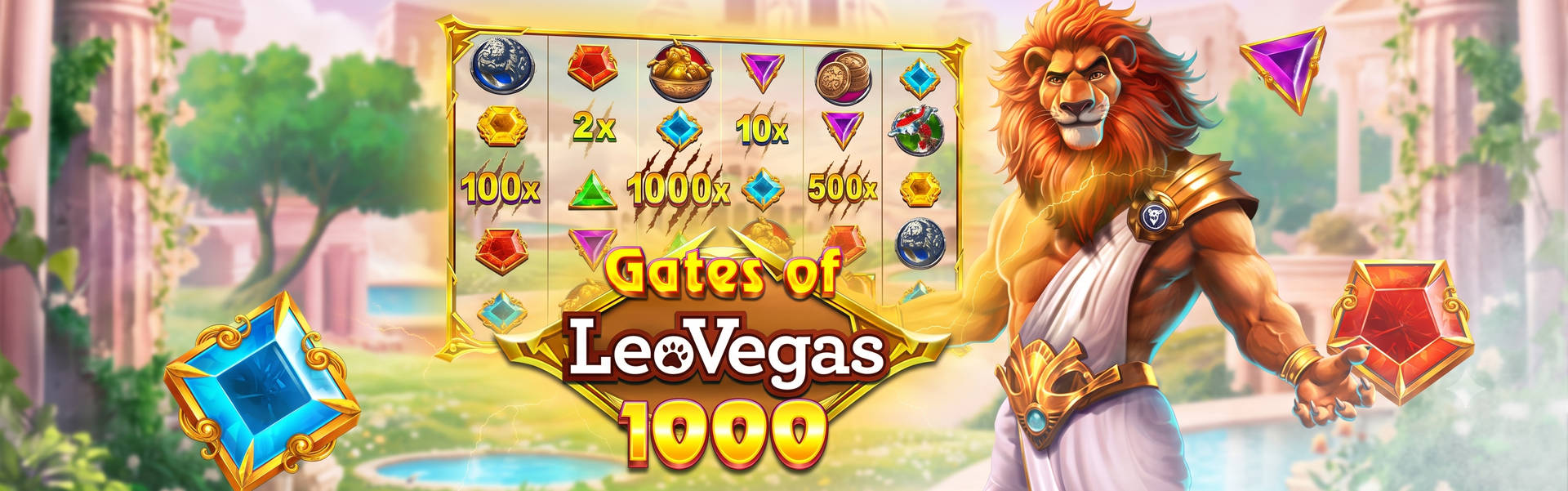 LeoBoost promotional banner offering up to 100 bonus spins every week, featuring the Gates of LeoVegas 1000 slot game and a lion character dressed as a Greek god.