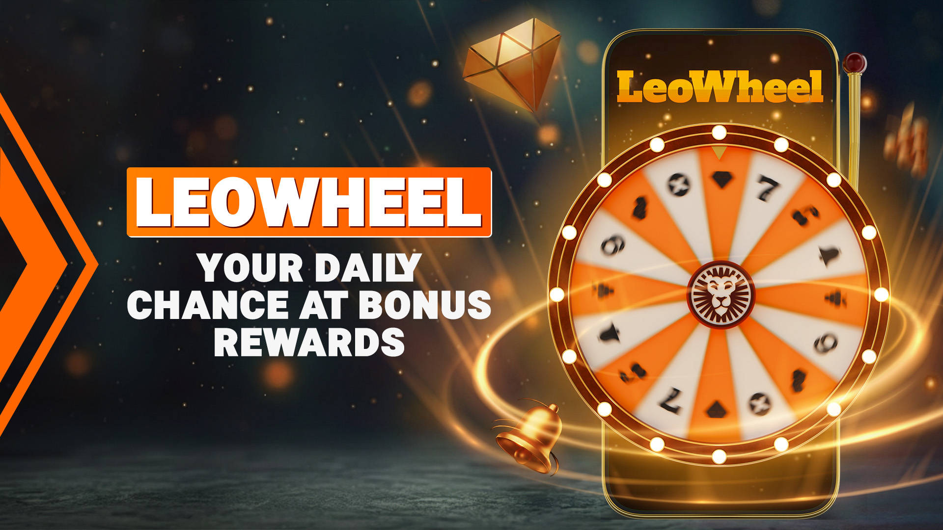 Mobile phone displaying LeoWheel game with text: Your daily chance at bonus rewards