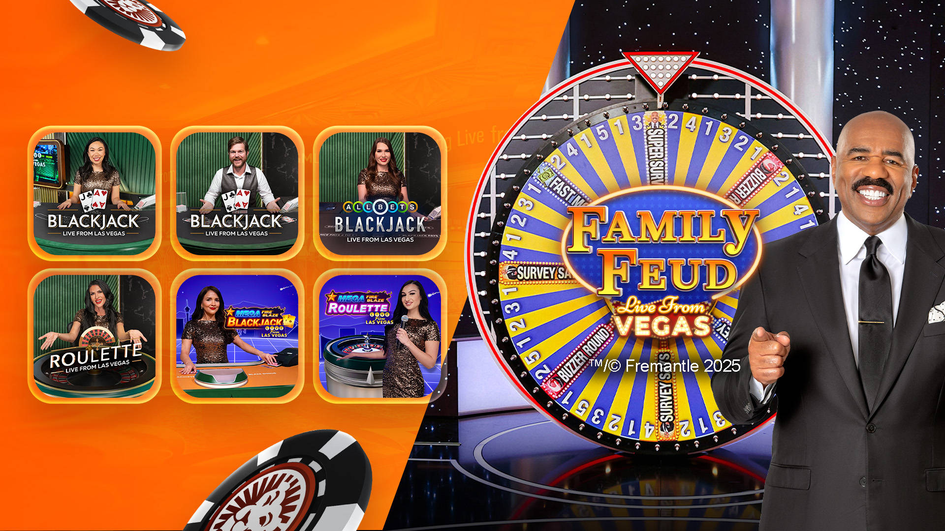 Live casino games including Blackjack and Roulette, with Family Feud Live from Las Vegas game show.