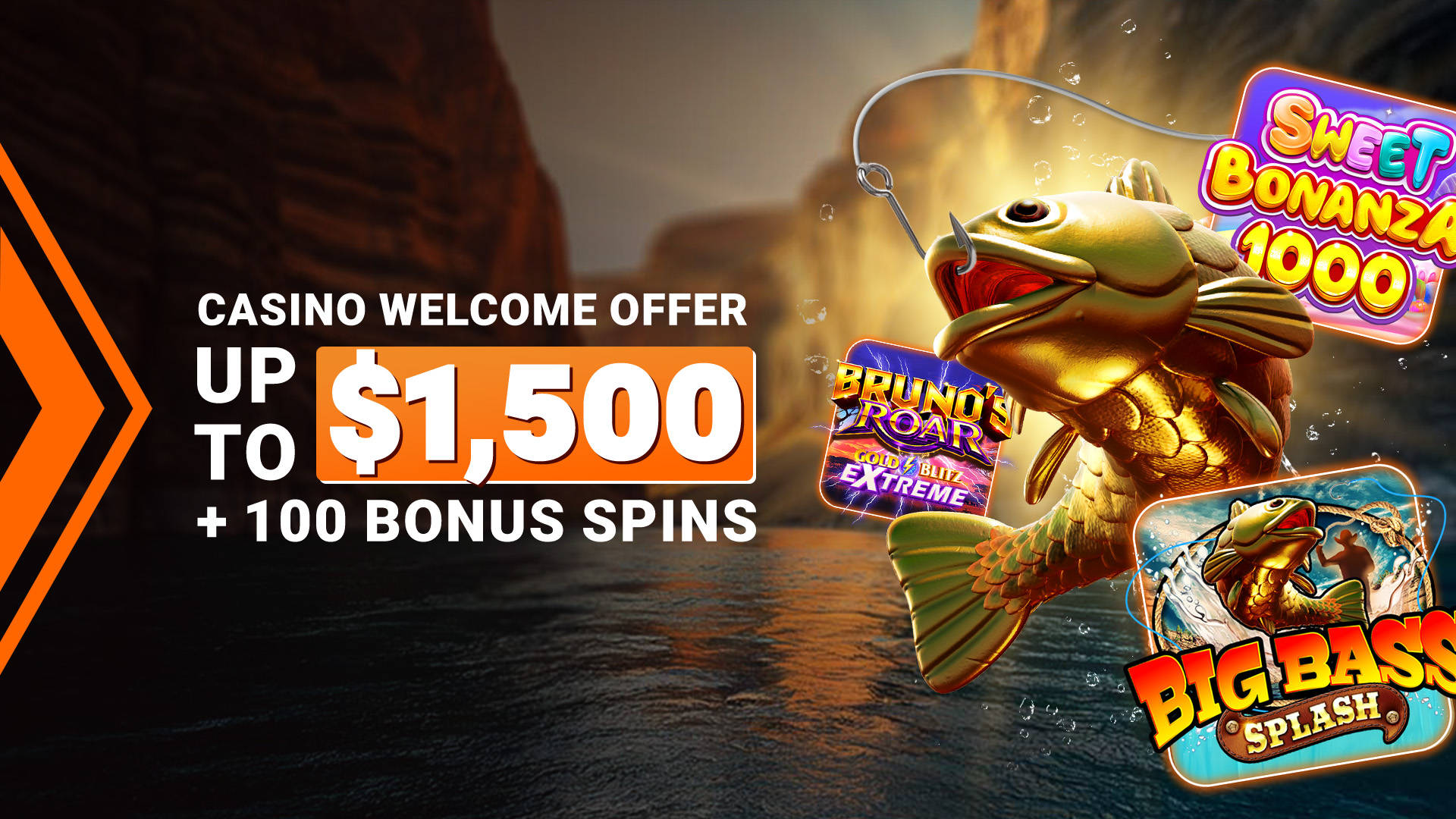 Casino Welcome Offer up to $1,500 plus 100 Bonus Spins, with fishing-themed game icons.