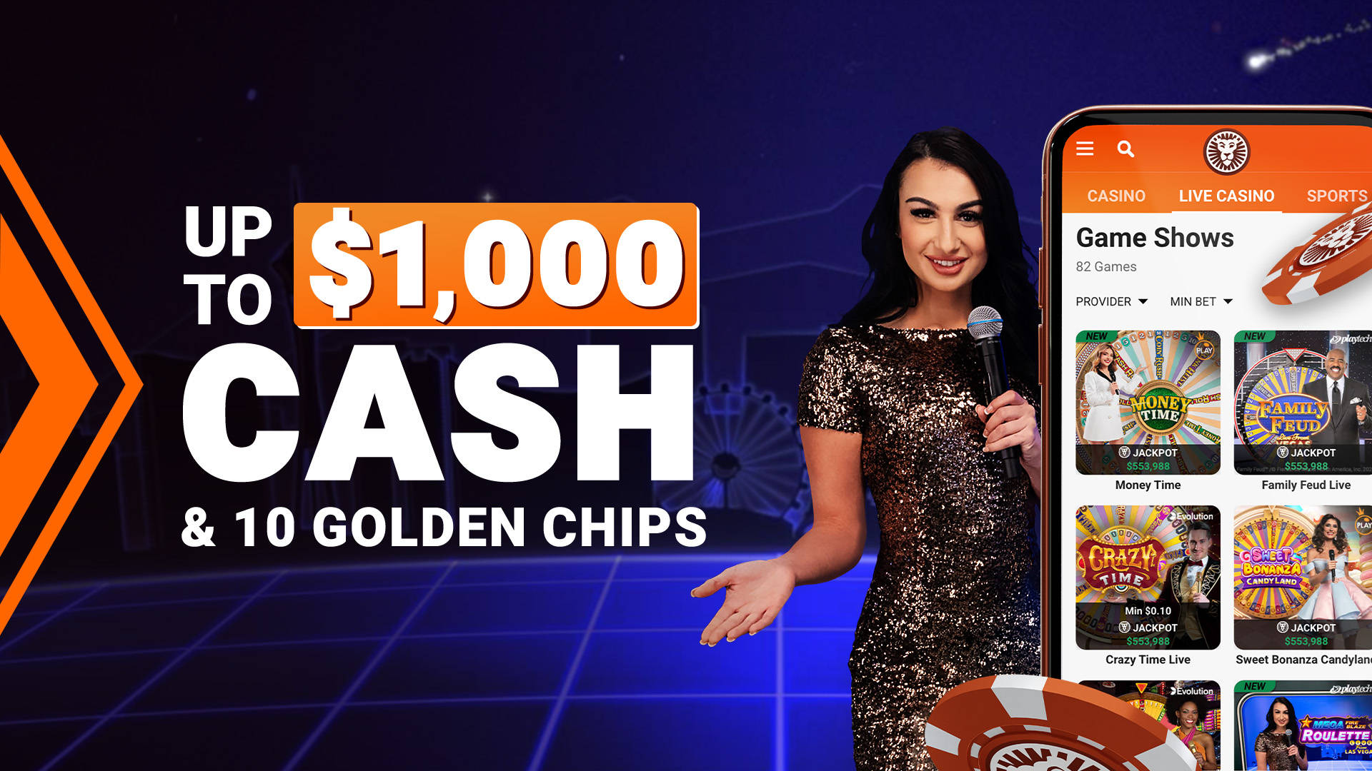 Up to $1,000 Cash & 10 Golden Chips promotion with a woman holding a microphone and a phone displaying game shows.