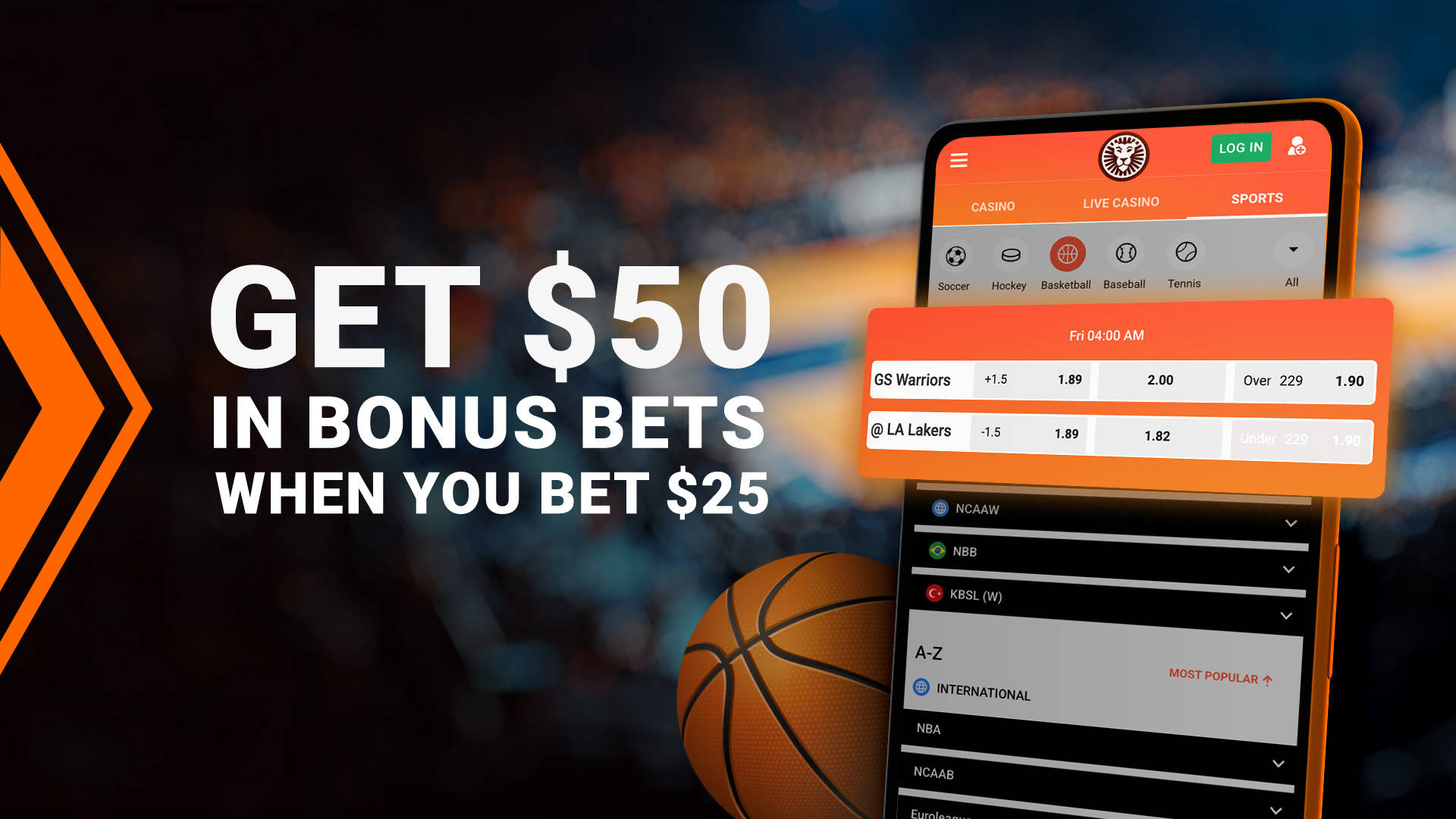 Get $50 in bonus bets when you bet $25, shown on a mobile betting app.