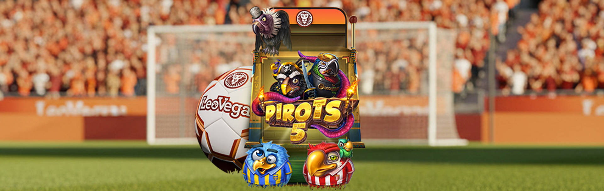 Fotbollsstadion med en LeoVegas-fotboll och en mobiltelefon som visar spelet Pirots 5 med fågelkaraktärer.